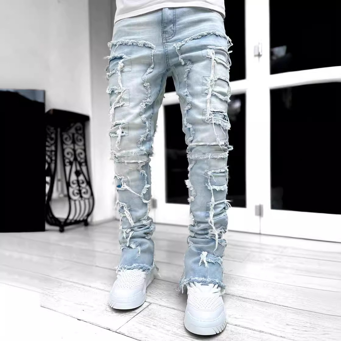 Men's Jeans 2025 Stacked Stretched Patchwork Tassel Damaged Denim Full Length Pants Hip- Trousers For Male