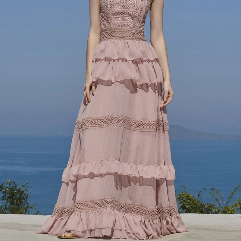 Canwedance Summer Beach Dress Sleeveless Cotton Maxi Dress Bohemian Style Solid Color Lace Ruffle Sundress Inkless Tank Top 241230