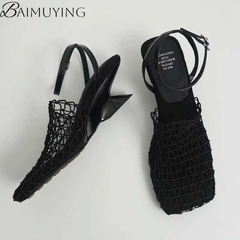 Weave Mesh Women Heeled Sandals Hollow High Heels Shoes Woman Square Toe Slingback 2025 Summer Trend Beach Pumps Sandalias Mujer Z250714
