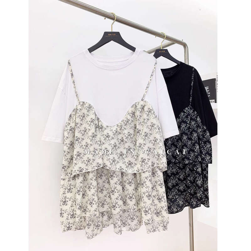 Floral Patchwork Fake Two-Piece Top Plus Size Fashion Short Sleeve Dress Women's Youthful Slimming Korean Style T-Shirt B5 h7