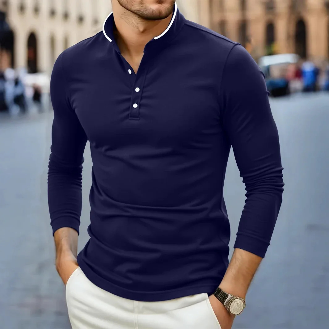2025 Mens Casual and Fashionable Solid Color Long Sleeved Stand Up Collar Tshirt Summer Versatile Comfortable Top 250707