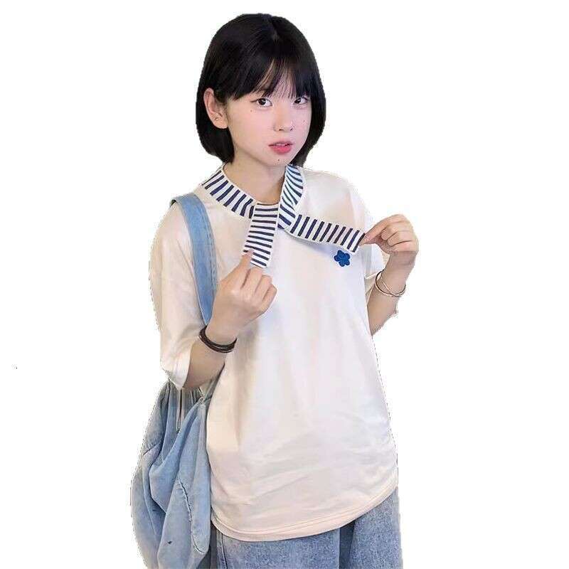 Pure Cotton Korean White Short Sleeve T-Shirt For Women Summer New Design Loose Casual Petite Top College Style B5