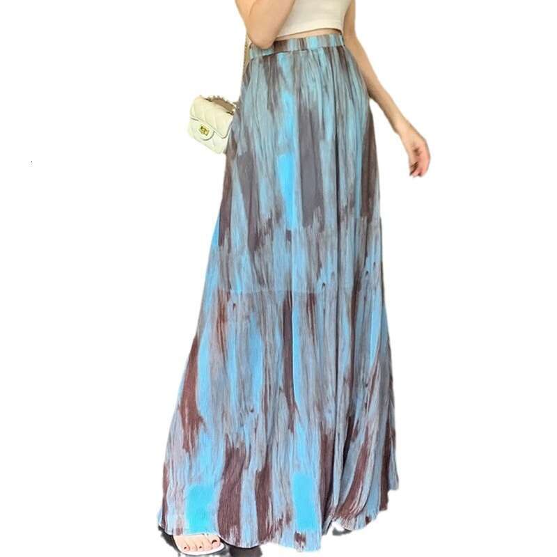Summer Ink Wash Pleated Midi For Women, Slim Fit High Waist Draped Loose Flared Long Skirt B5