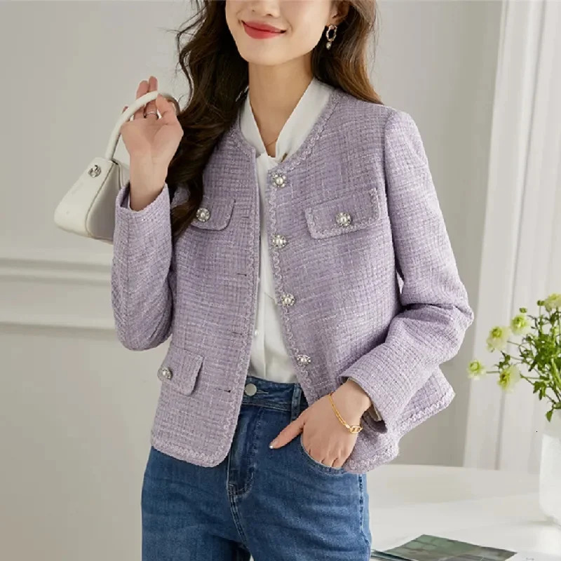 2025 Fashion Purple Tweed Suit Jacket Womens Short Coat Spring Autumn Streetwear O-neck Blazers Lady Casual Top Slim Outerwear 250709