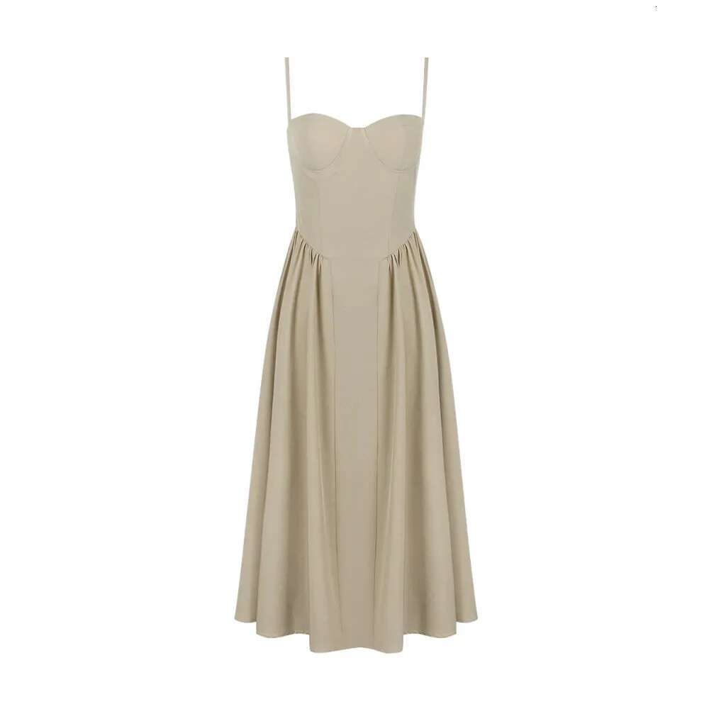 Suninheart Summer Elegant Midi Spaghetti Strap Dresses Slim V Neck A Line Party Khaki Casual Dress Women's Clothing