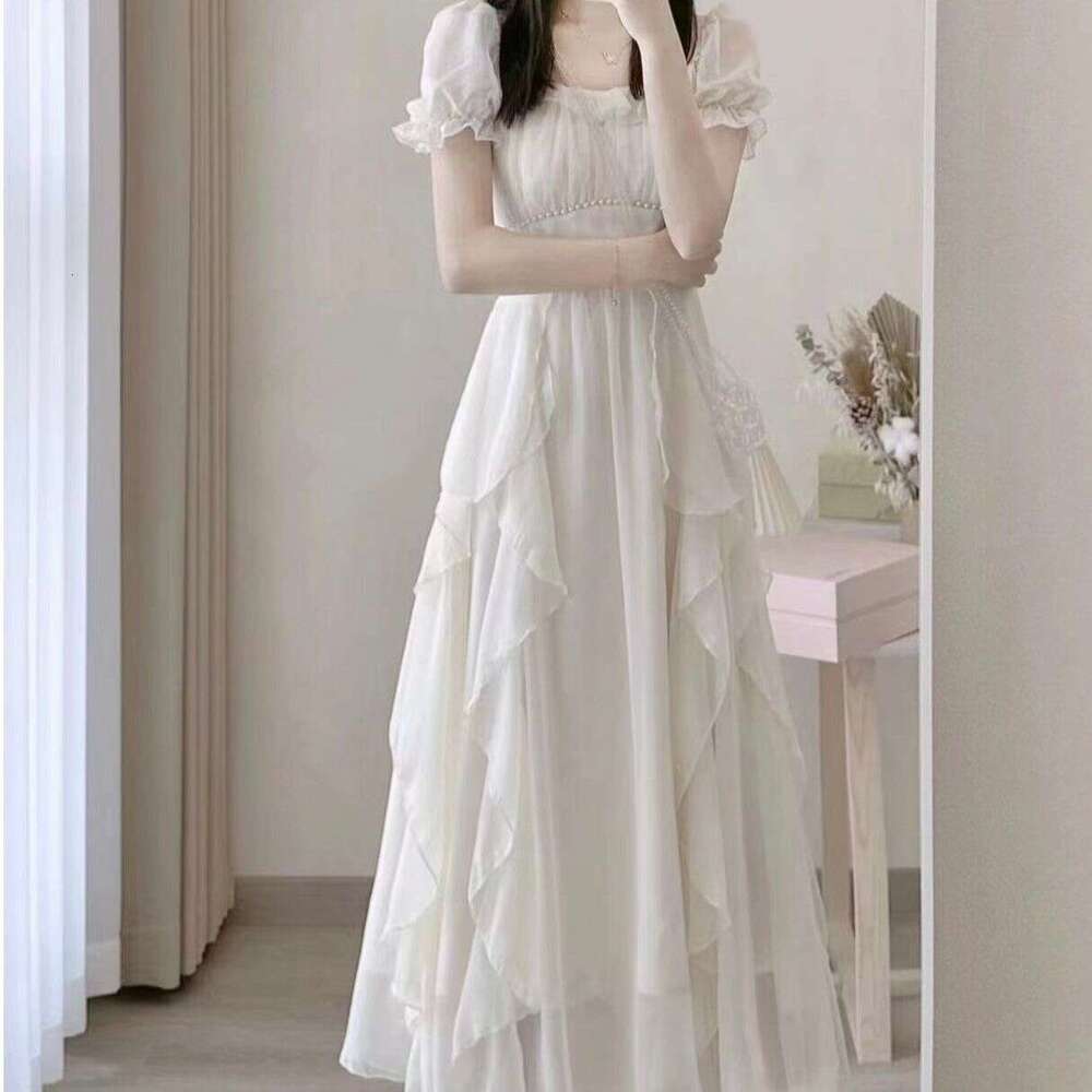 French Style Square Neck Sweet Gentle Fairy For Women Summer New Waist Slimming Mid-Length Dress B5