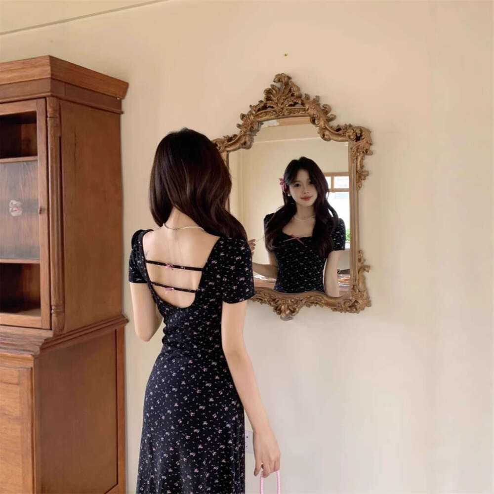 French Style Petite Black Floral Women's Summer New Design Sense Pear-Shaped Body Long Dress B5