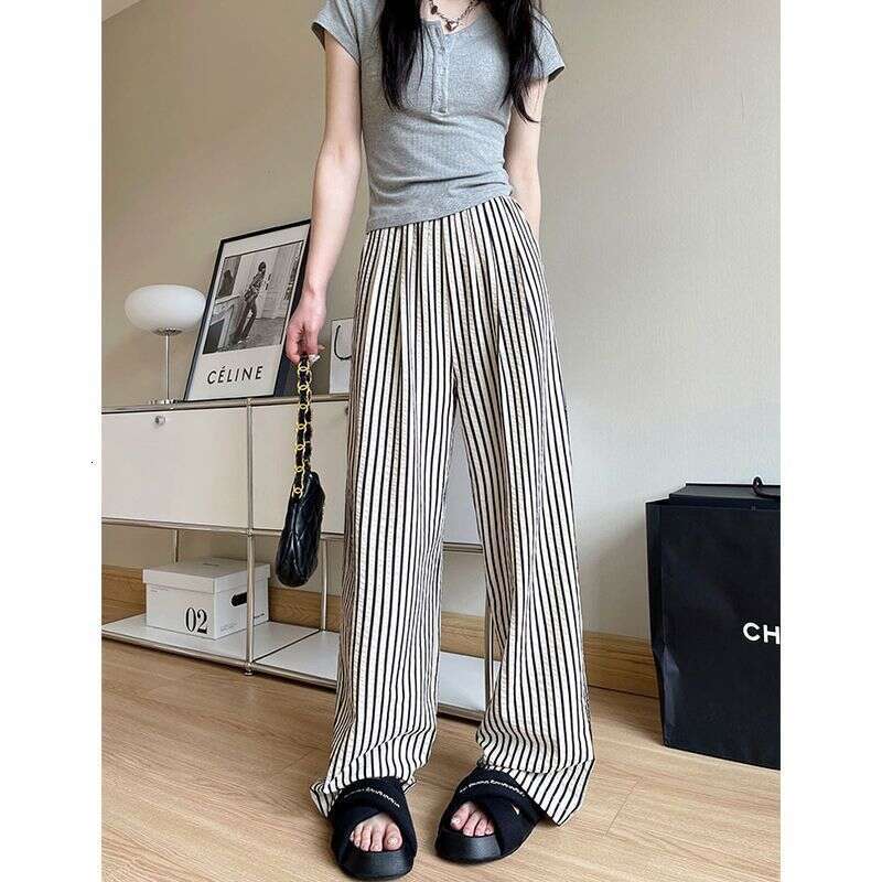 Striped Lazy Casual For Women, Summer Thin Style, Plus Size Loose Fit, Slimming Pear Shape Body, Draped Wide Leg Pants B5