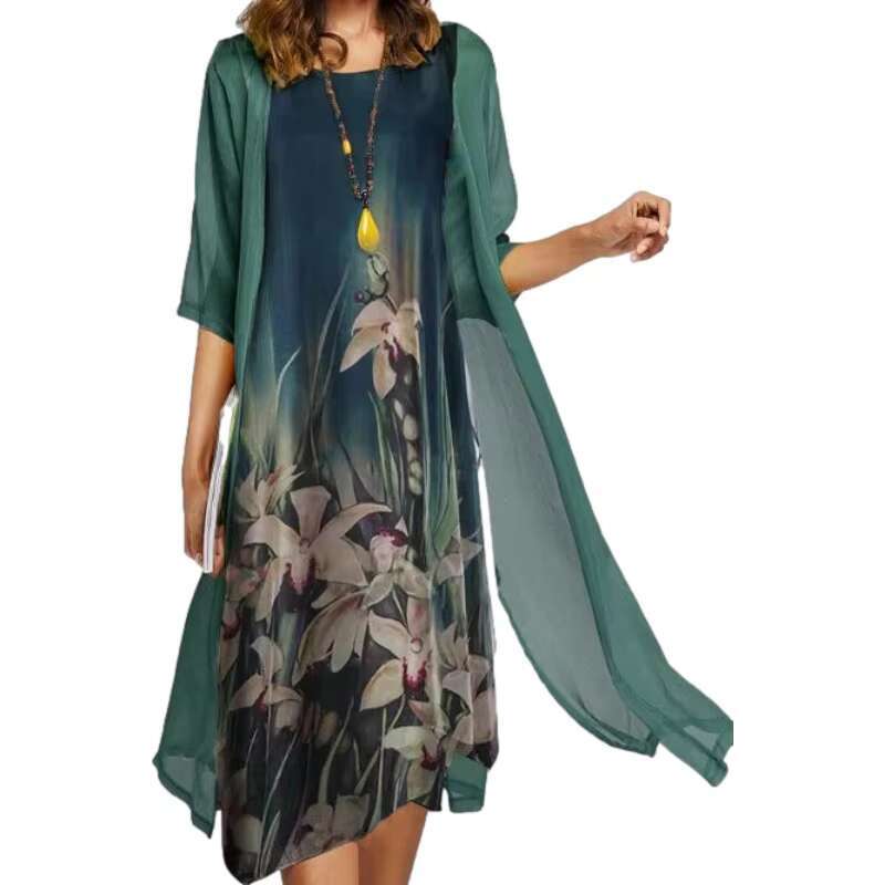 2025 new! Eu-us Summer Womens casual elegance 2 printed crew-neck loose dress sweater coat set dongdumaoyi