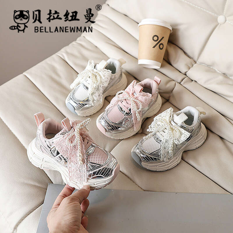 Girls' Fashion Lightweight Lace Bow Princess Sneakers 2025 Spring Autumn New Korean Style Children's Dad Shoes