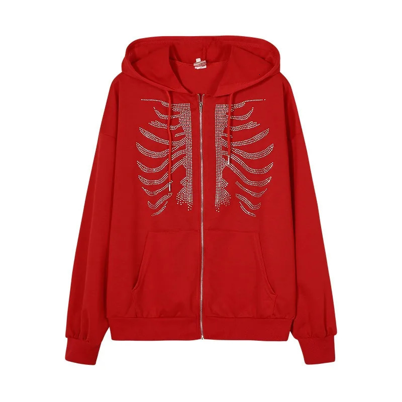 Y2K Skeleton Hoodie Gothic Black Zip Up Oversized Sweatshirts Female Retro Harajuku Hooded Jacket Streetwear 250707