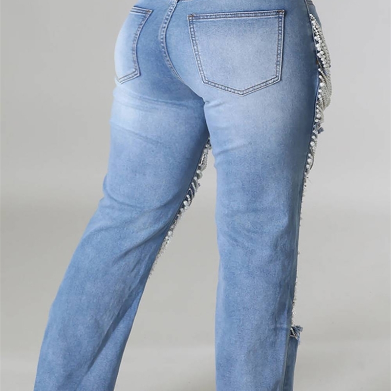 Women Plus Size Pearls Jeans Casual Vintage Hollow Out High Waist Sexy Straight Denim Trousers Summer 2025 Streetwear y250628