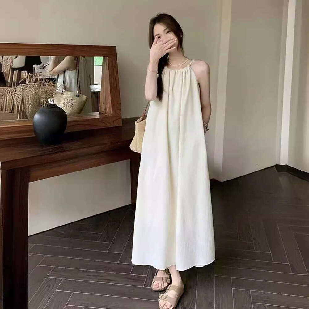 French Style Spaghetti Strap Fairy Summer Sweet Fresh White Beach A-Line Loose Sleeveless Long Dress B5