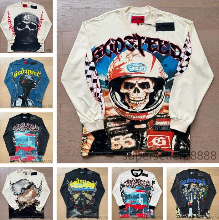 High quality Men's T Shirts Top Long Sleeve Multi Versions God Speed T-shirt Men Women Black Blue Apricot Shirt Classic Streetwear Godspeed Clothes Tops
