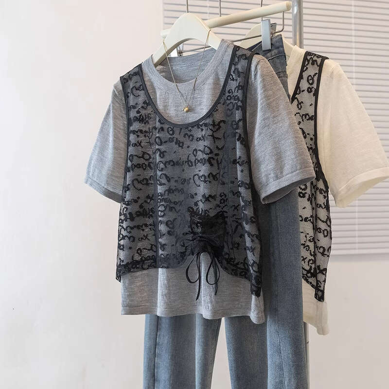 High-End Feel Plus Size Fake Two-Piece Lace Patchwork Short Sleeve T-Shirt For Women Summer Design Loose Casual Drawstring Top B5 h7