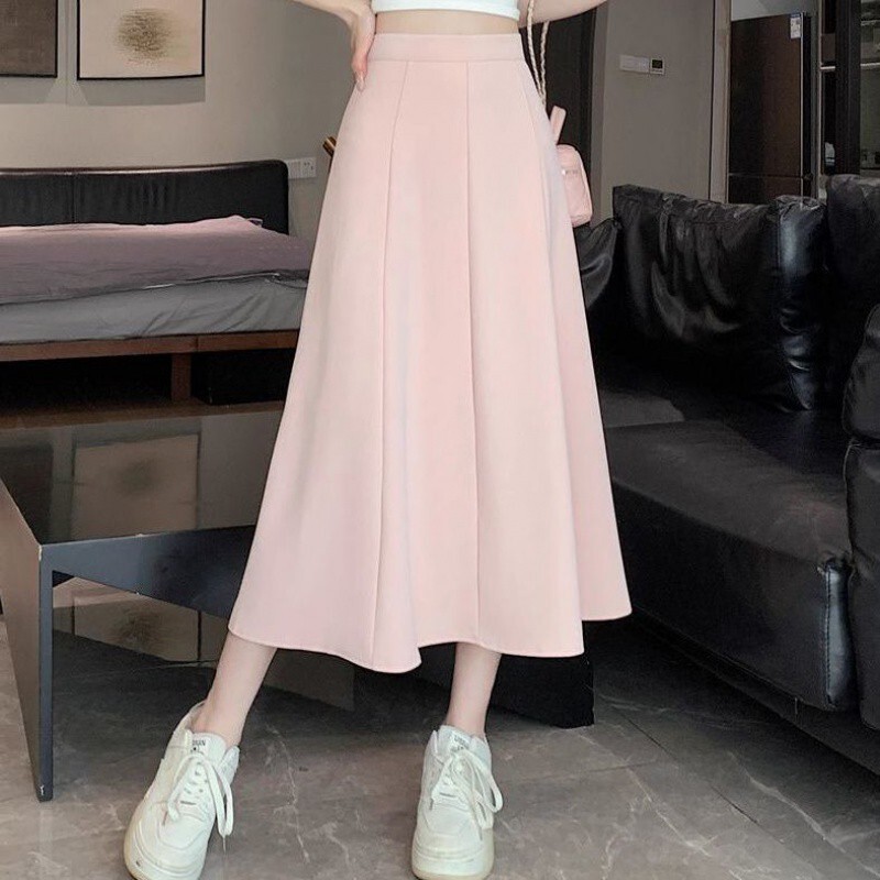 New women's half skirt, Korean style simple high waisted pleated suit skirt, women's four season loose and elegant mid length A-line flared 