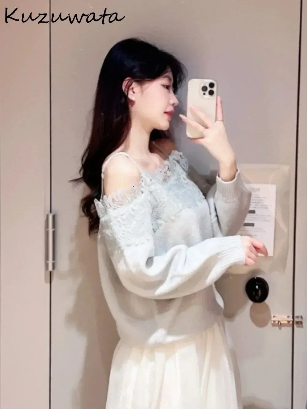 Kuzuwata Sweet Slash Neck Long Sleeve Pullover Knit Laces Patchwork Knitted Japan Embroider Off Shoulder Wool Sweaters 250708