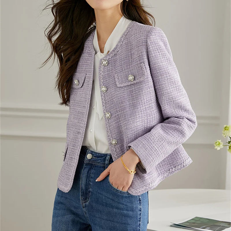 2025 Fashion Purple Tweed Suit Jacket Womens Short Coat Spring Autumn Streetwear O-neck Blazers Lady Casual Top Slim Outerwear 250709