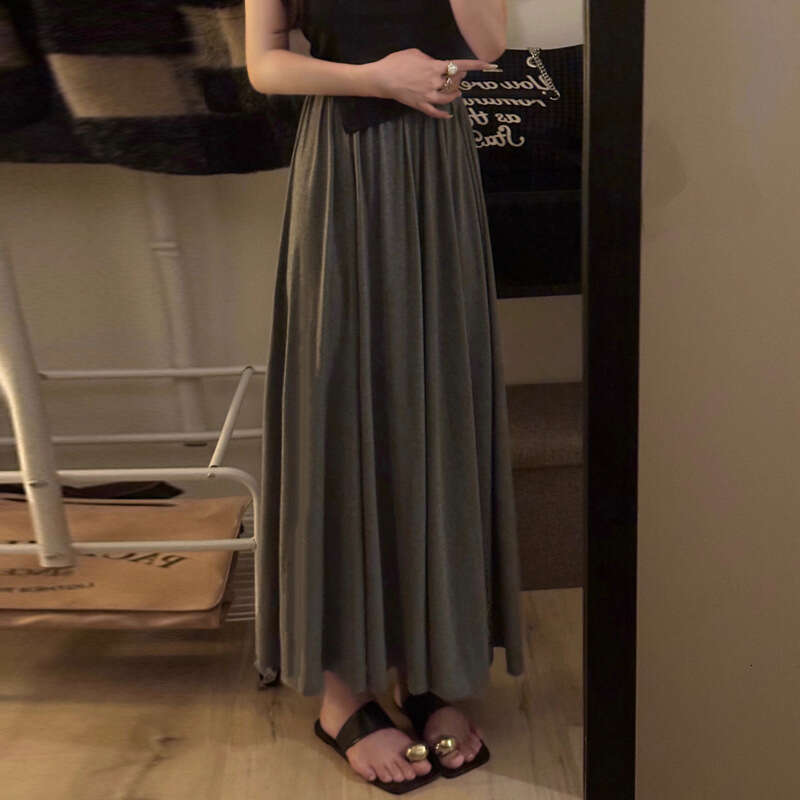 Black High-Waisted For Women Summer New Style Petite Slimming Draped A-Line Flared Midi Skirt B5