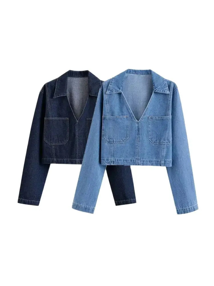 TRZALoose Denim Blouses with Pockets for Women Lapel Collar Long Sleeve Female Shirts Chic Tops Fashion 250704
