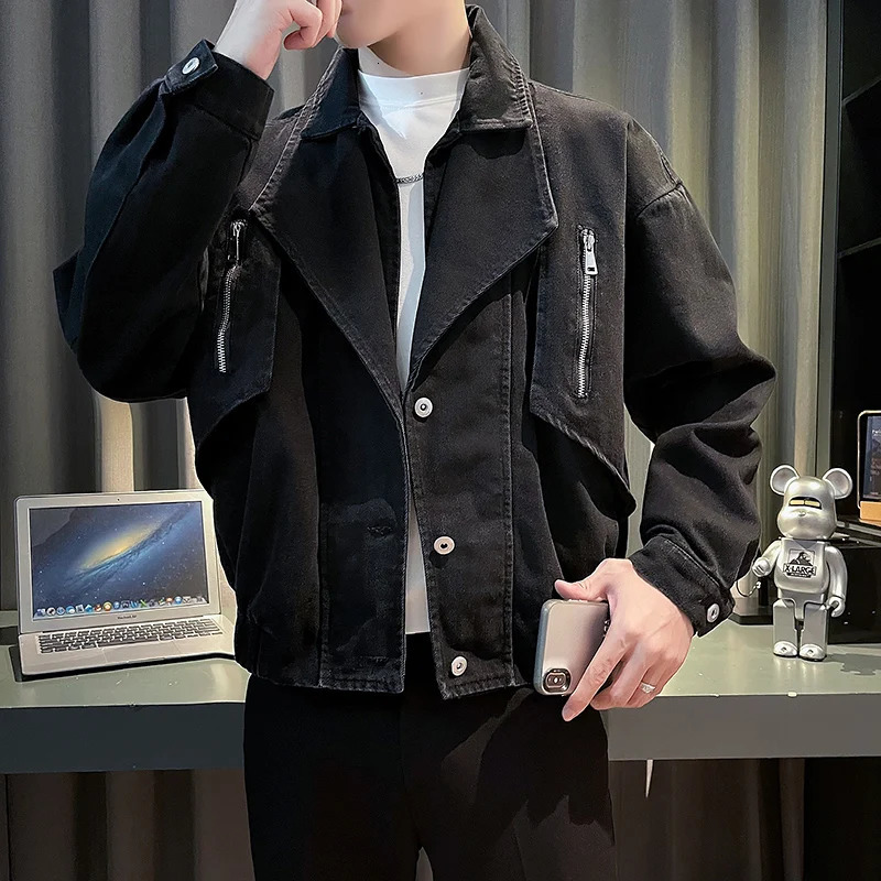 Korean Fashion Water Denim Jacket for Men Autumn Loose Lapel Casual Jeans Social Streetwear Harajuku Hip Hop Coat Clothing 250704