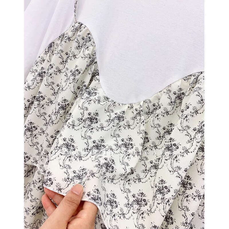 Floral Patchwork Fake Two-Piece Top Plus Size Fashion Short Sleeve Dress Women's Youthful Slimming Korean Style T-Shirt B5 h7