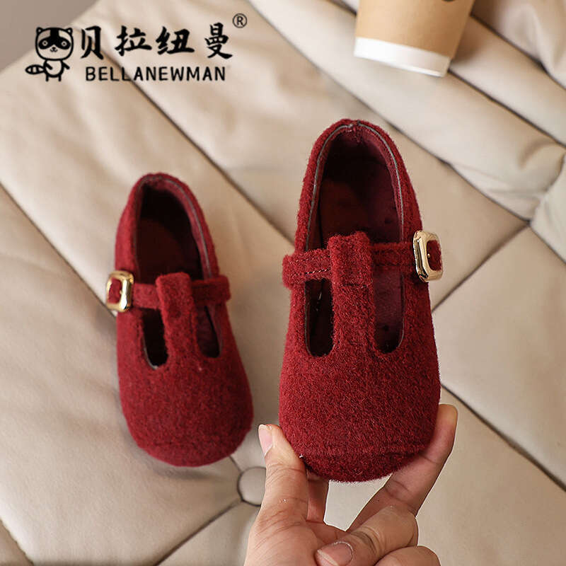 Girls Mary Jane Princess 2024 Autumn Winter New Children's Flat One-Strap T-Grandma Single Shoes