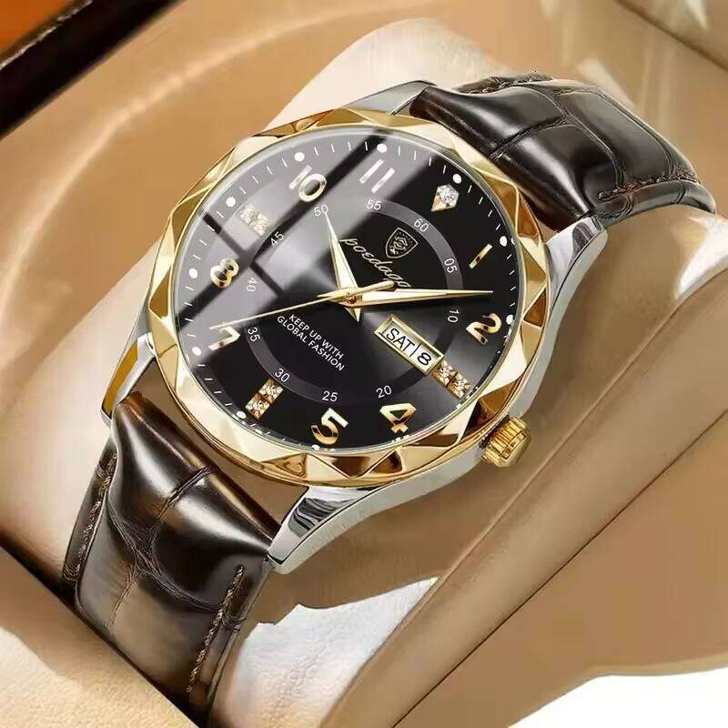 DHwatches Men's Leather Strap Watch - Waterproof 50M Luminous Quartz Wristwatch with Day & Date (Model 858 Leather)