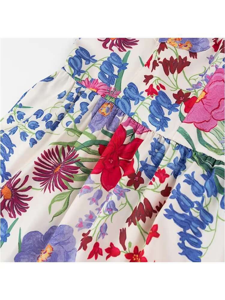 Zevity 2024 Women Sweet Floral Print Tierred Sling Midi Dress Female Chic Side Zipper Patchwork Pleats Vestidos DS6200 dongdumaoyi
