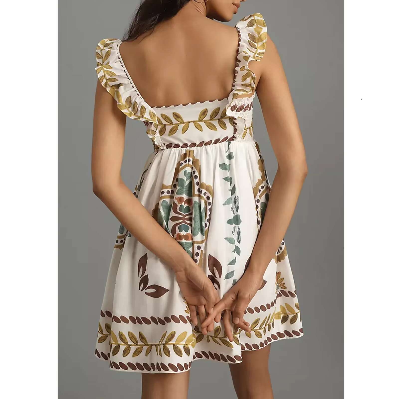 Womens Bohemian Mini A-Line Fashion Sweet Ruffle Sleeveless Square Neck Short Flowy Beach Dress dongdumaoyi
