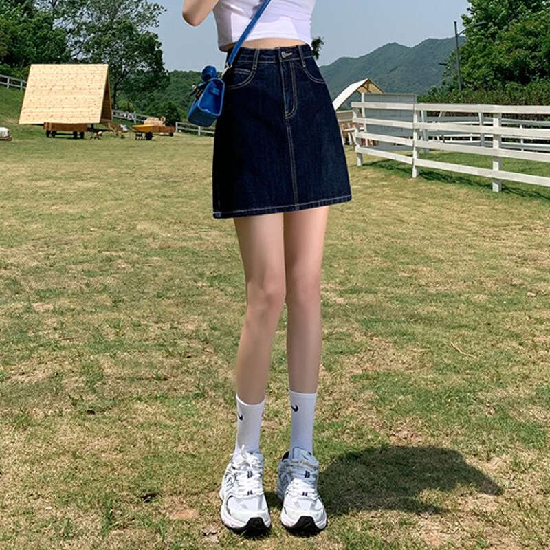 Summer Hong Kong Style Versatile High Waist A-Line Women's Small Size Unique Design Denim Short Skirt B5