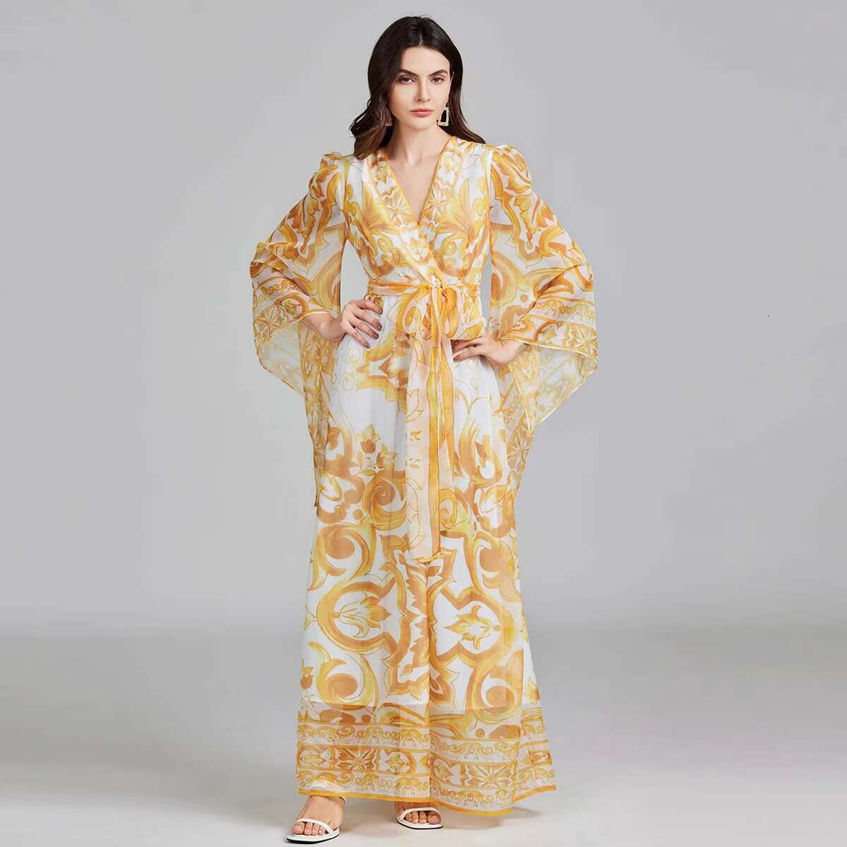 Summer Autumn Golden White Porcelain Flower Print Lantern Long Sleeve Maxi Dress For Women Muslim Style Prom Evening Dresses dongdumaoyi