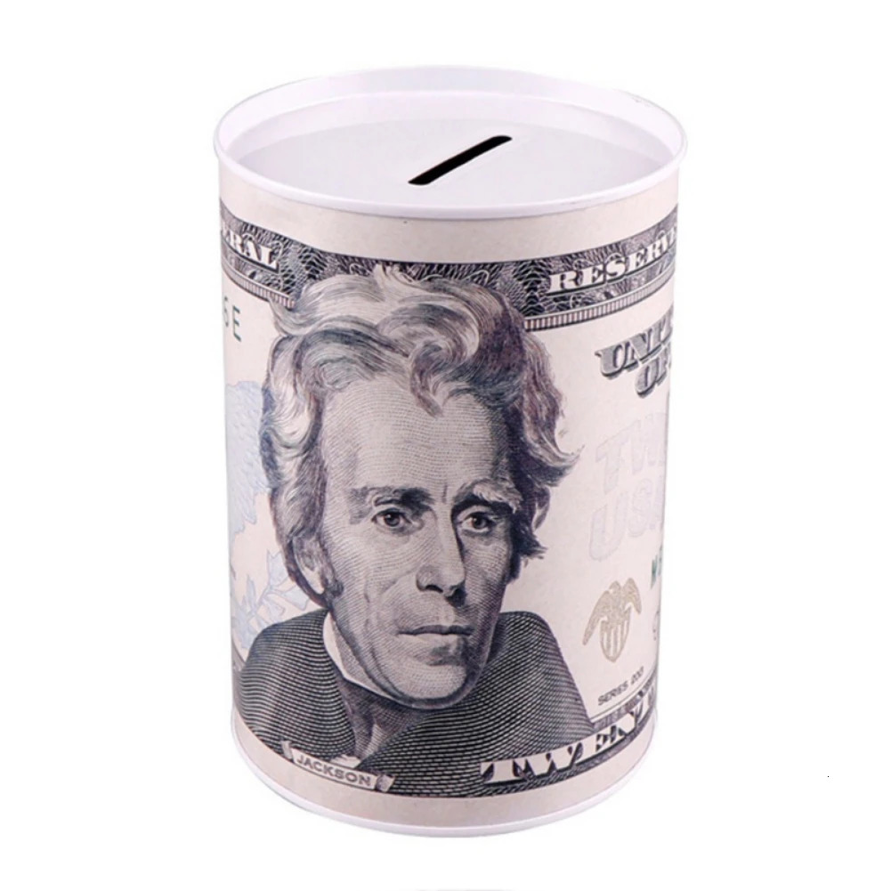 Dollar Moneys Box Piggy Bank Logbook Series Tin Plate Box Safe Cylinder Piggy Bank Banks Gift Home Decoration Moneys Box Savings 250709