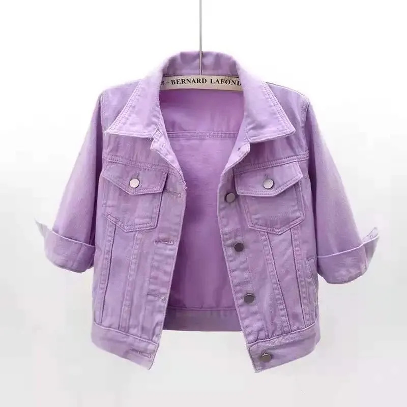 Womens Jean Jacket Cropped Denim Jackets Stretchy 3/4 Puff Sleeve Distressed Shacket With Pockets Purple Yellow White Outerwear 250709