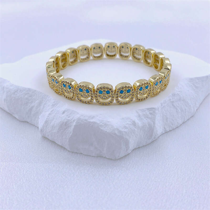 Personalized Hip-Hop Style Micro-Inlaid Smiley Face Elastic Copper Color Zircon Trendy Expression Bracelet for Couples