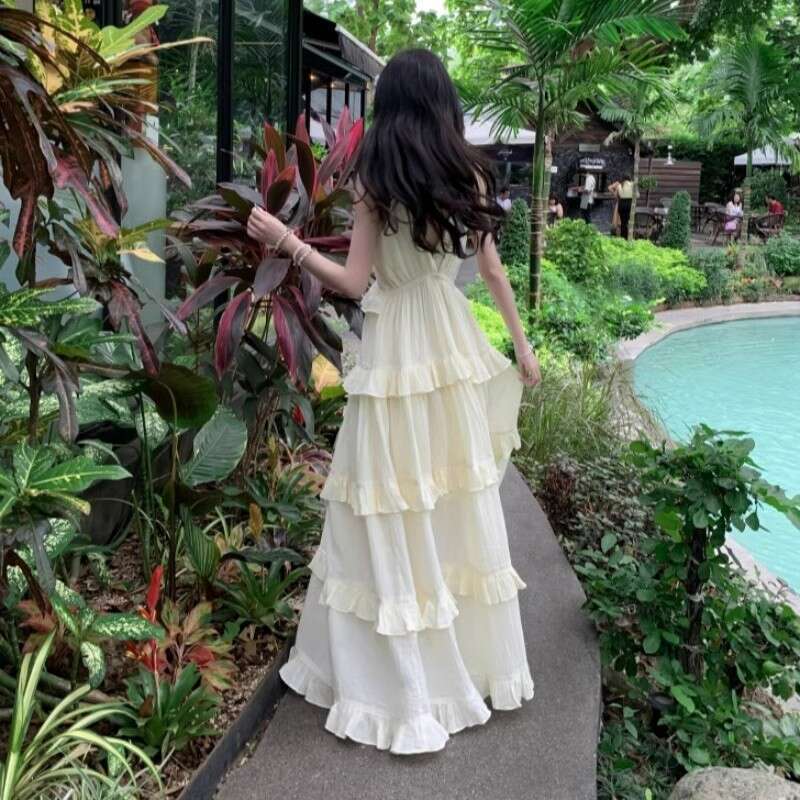 Strap For Women Spring Summer New Elegant Apricot High Waist Petite Sleeveless High-End Cake Long Dress B5