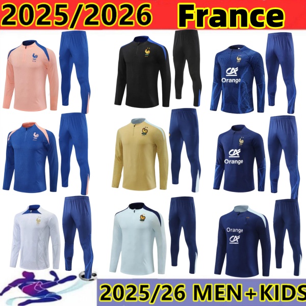 2024 2025 2026 French tracksuit soccer jersey BENZEMA MBAPPE equipe de Full Sets kids Men 25/26 French Football training suit Half pull Long sleeve chandal futbol