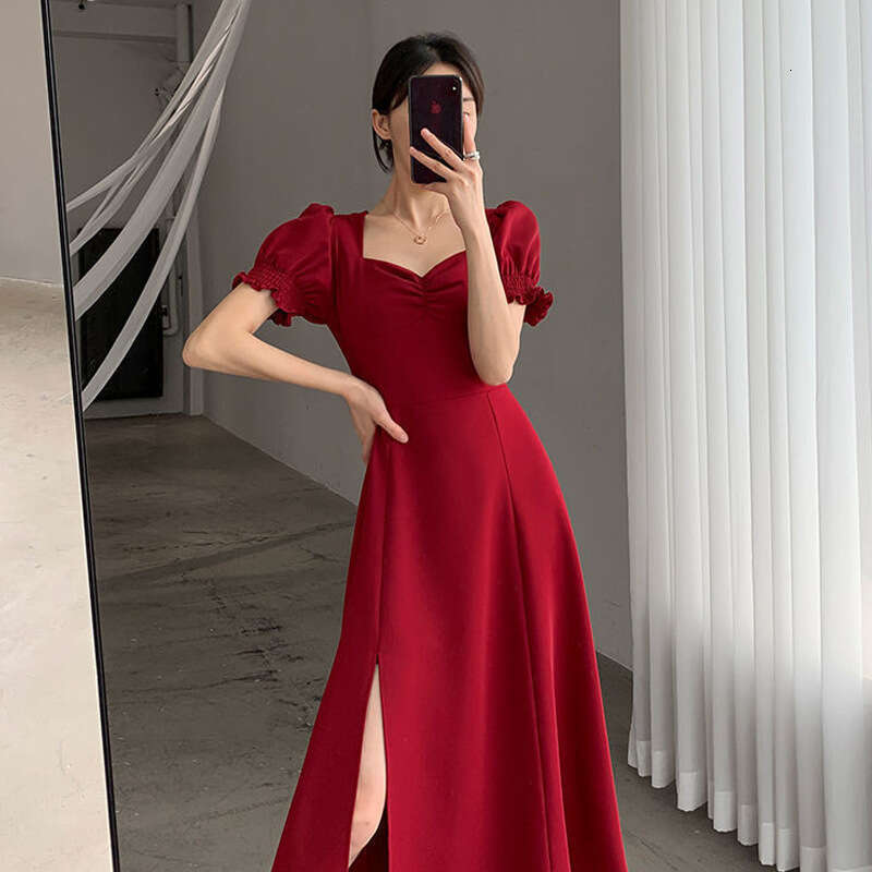 Square Neck Puff Sleeve Slit Black Women's Summer New French Design Sense Niche Long Dress B5