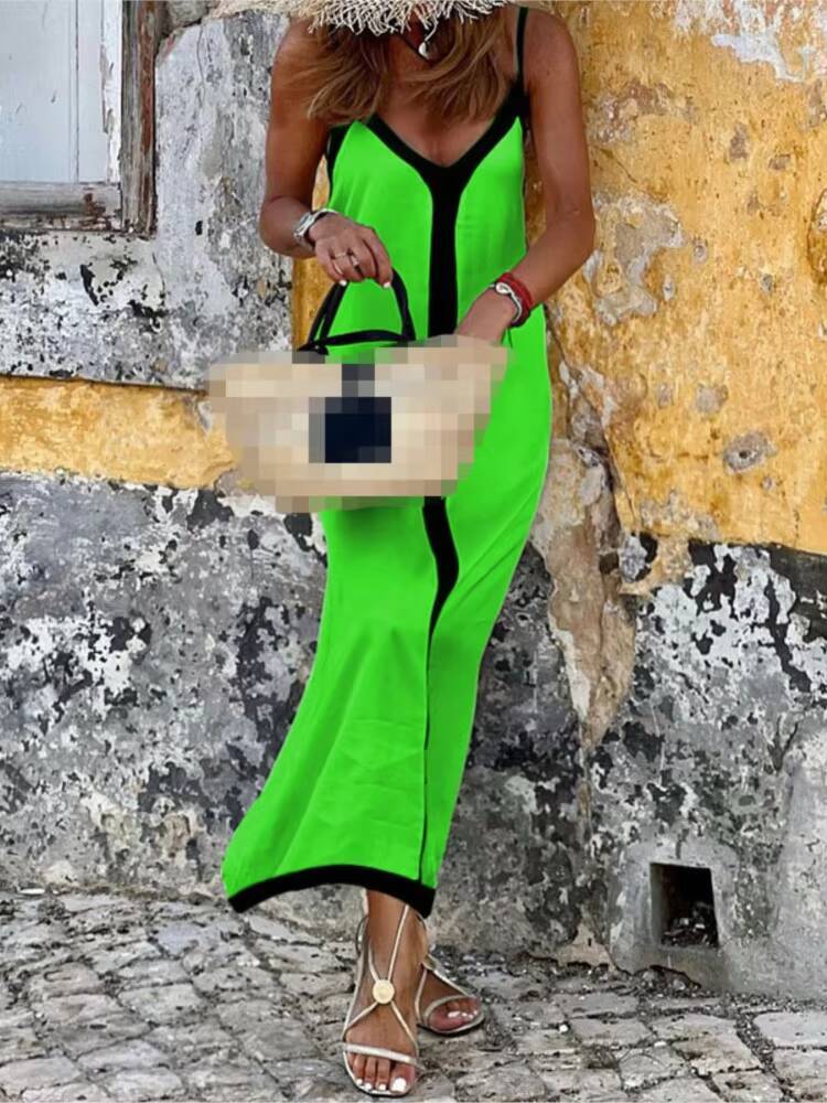 2024 Summer New Womens Fashion Color Blocked Suspender Sexy Sleeveless V-neck Mid Length Vacation Style A-line Dress dongdumaoyi