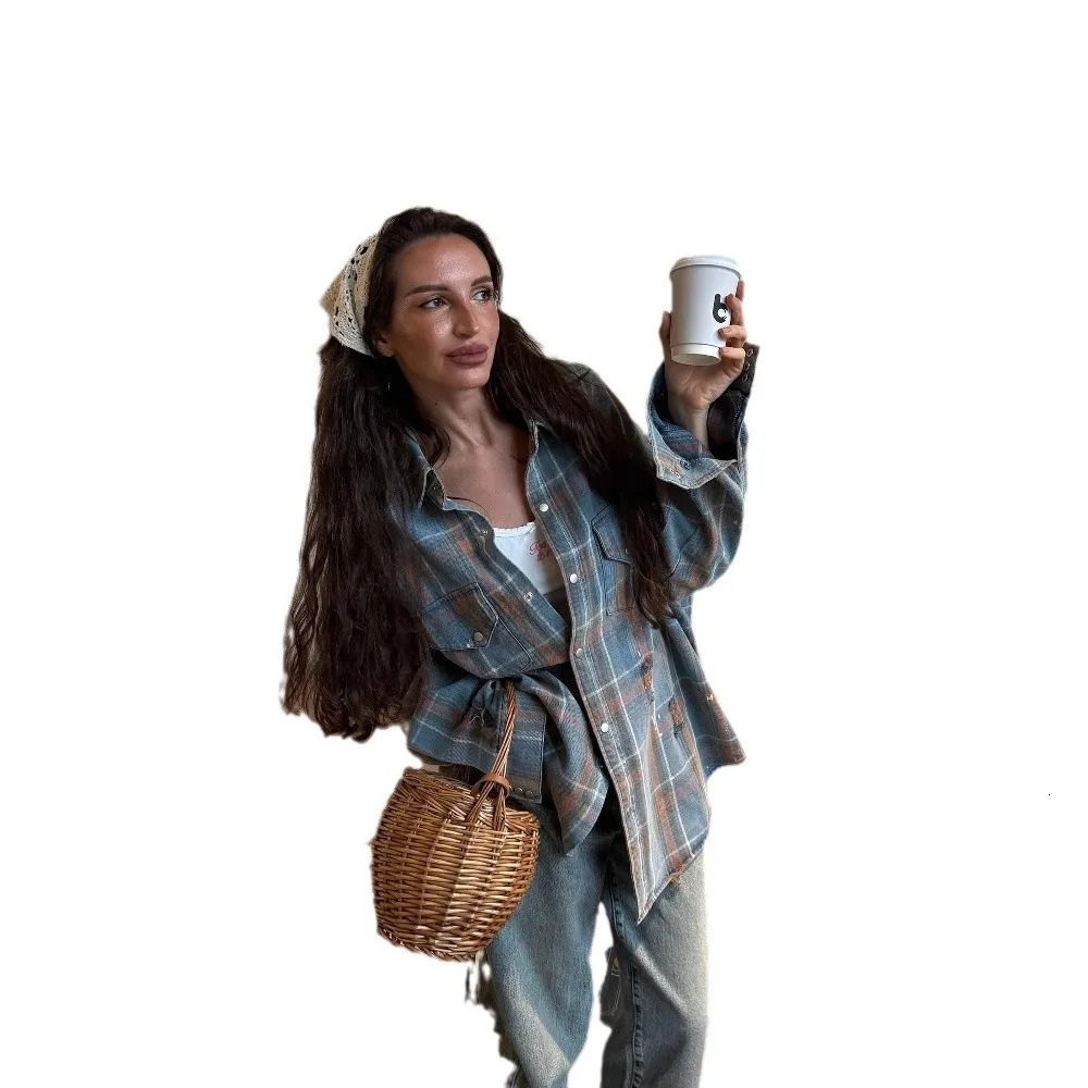 Denim Plaid Shirt Coat Womens Loose Single Breasted Turndown Collar Full Sleeve Tops 2025 Summer Ladies Fashion Streetwear 250704