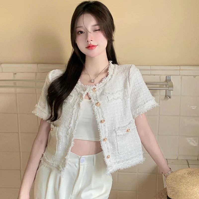 Fashion Tweed Jacket Women Spring Vintage Elegant Coat Single Breasted Blazer Ladies All Match Chic Short Outerwear Tops 250709
