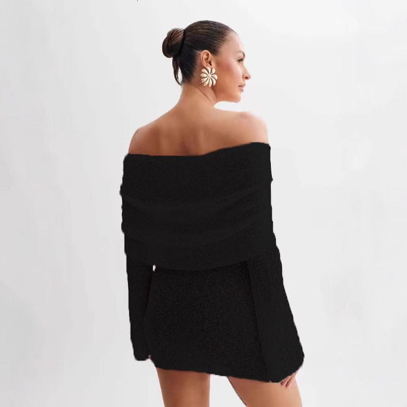 2025 New women's dress new knitted women's beach short skirt sexy perspective long sleeved off shoulder dress new designer dress