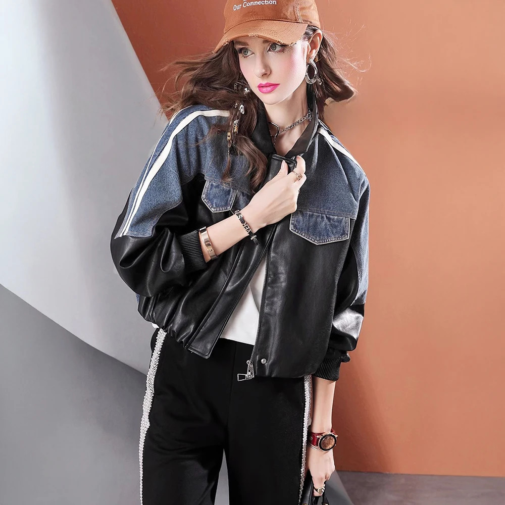 Autumn PU leather patchwork short loose long-sleeved womens denim jacket 250708