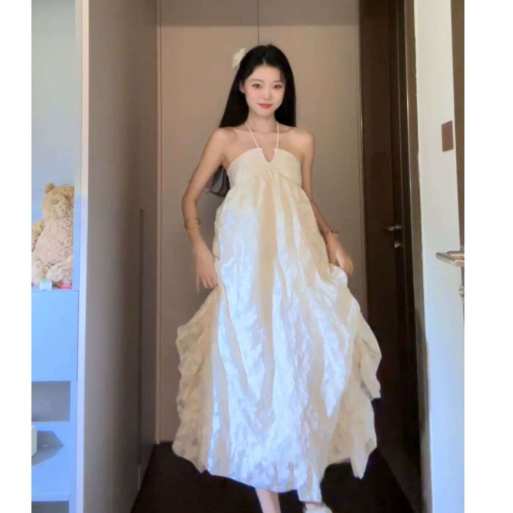 French Style Halter Neck For Women Summer Beach Photoshoot Vacation Backless Long Loose Slimming A-Line Dress B5