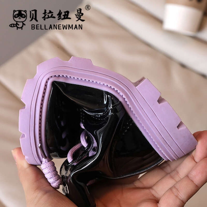 Shoes 2024 Autumn New Korean Style Patent Glossy Cartoon Girls' High-top Leather Children's Martin Boots