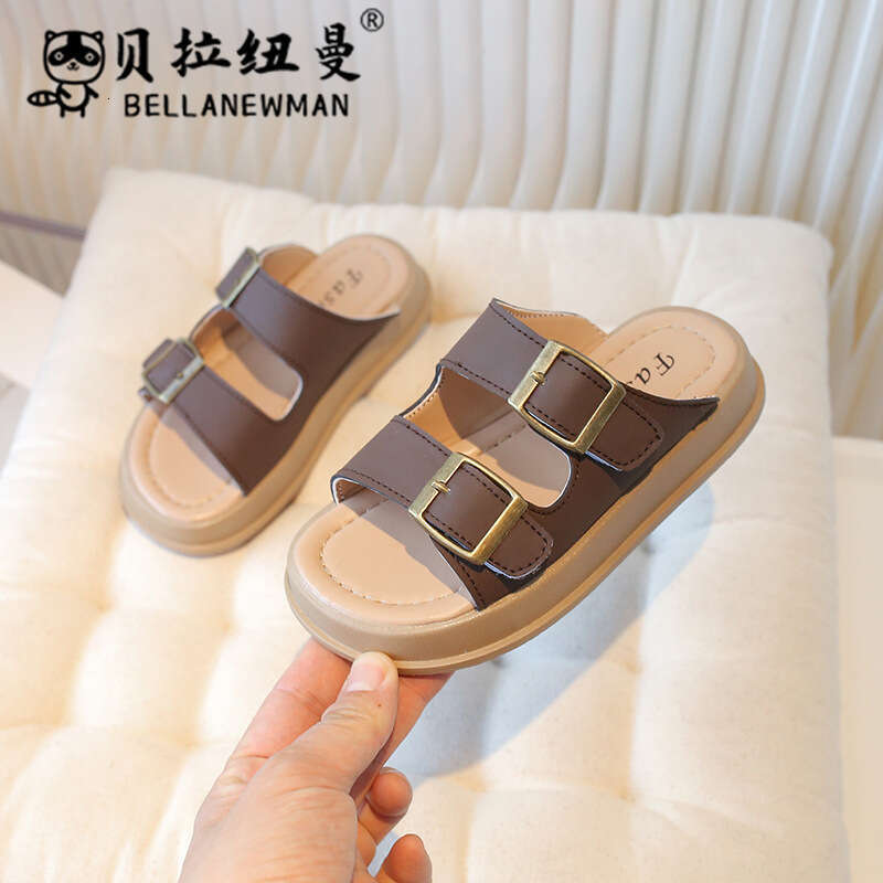 Children's Leather Casual Sandals 2025 Summer New Big Kids One-Strap Slippers Student Beach Shoes