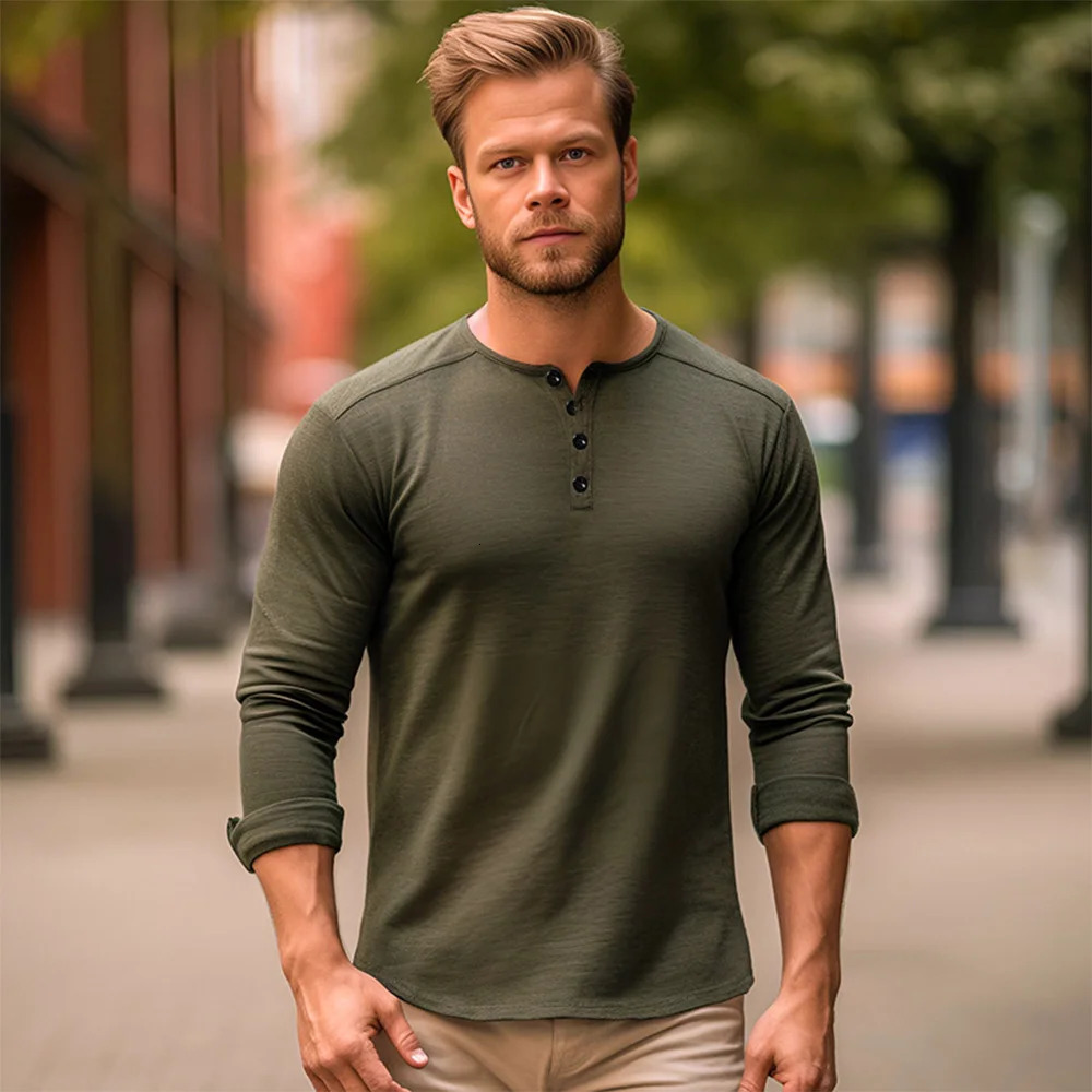 Men Long Sleeved Tshirt Cotton Slim Fit Bottoming Shirt Fitness Tops Tees Button Neck Casual Cozy 250707