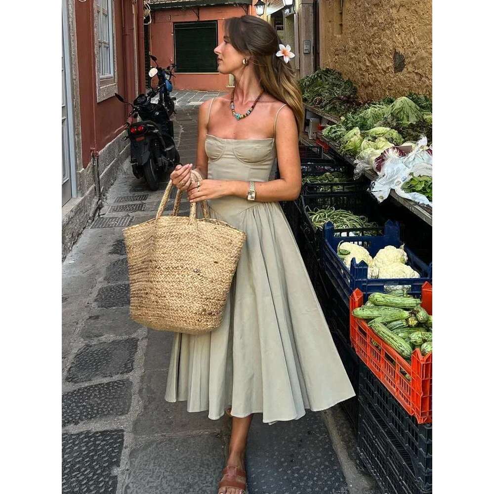 Suninheart Summer Elegant Midi Spaghetti Strap Dresses Slim V Neck A Line Party Khaki Casual Dress Women's Clothing