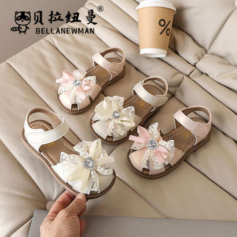 SHEIN Girls' Lace Bowknot Rhinestone Princess Peep-Toe 2025 Summer New Children's Fashion Sandals