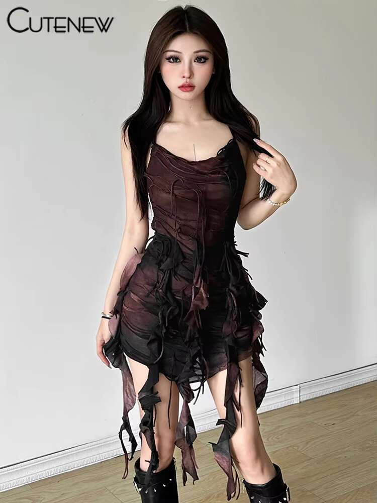 Nibber Halter Tie Dye Dress Stunning Women Hipster Tassel Ruched Backless Bandage Vestidos Female Y2K Summer Party Street Robe dongdumaoyi